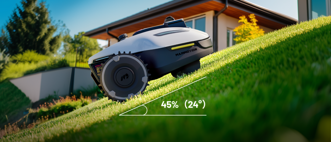 Handles slopes up to 45% (24°), easily tackling over 90% of common residential lawn terrains.